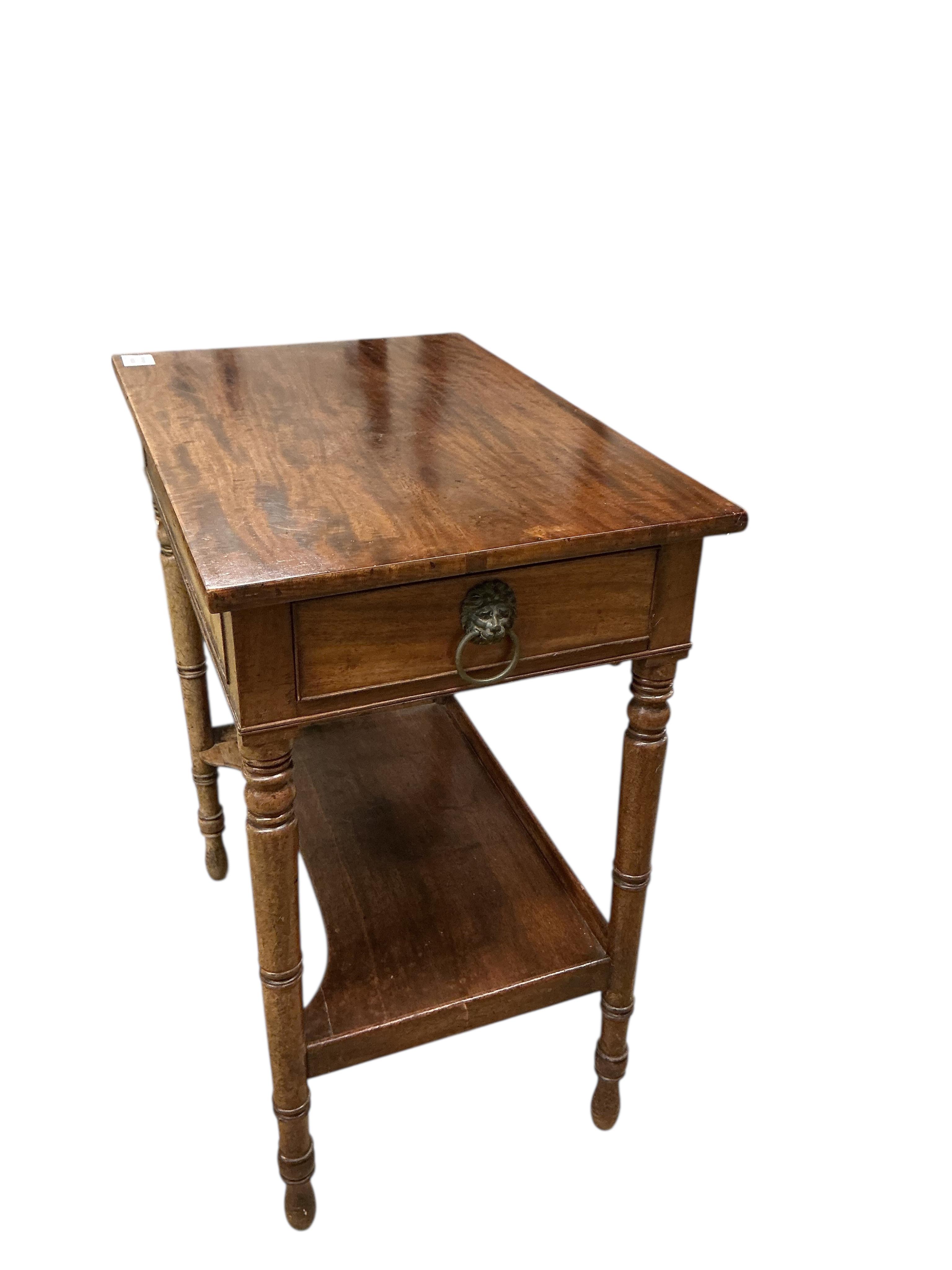 A Regency rectangular mahogany two tier side table, width 62cm, depth 41cm, height 74cm